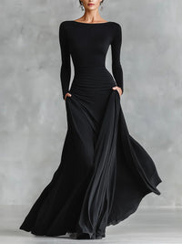 Vestido comprido preto moderno em crepe com decote barco e pregas