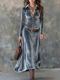 Vestido Maxi em Veludo Cinzento com Colarinho e Botões Metálicos (com cinto)