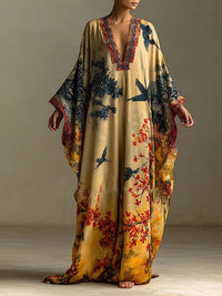 Vestido largo con estampado artístico de flores de arce rojo y pájaros con mangas de murciélago