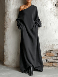 Vestido Maxi Sweatshirt Preto Decote Bardot