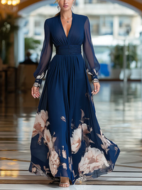 Vestido Maxi Floral Plissado com Mangas em Tule e Decote em V Azul-Marinho