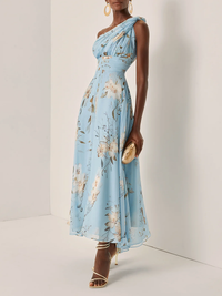 Vestido Maxi Plissado em Chiffon de Um Ombro com Flores Azul-Claro