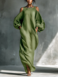 Vestido Maxi Verde com Ombros à Mostra e Mangas Balão Oversize