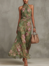 Vestido Maxi com Decote Halter em Chiffon Floral Verde