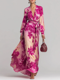 Vestido Maxi Vermelho com Decote em V e Flores