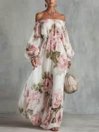 Vestido maxi de chiffon com ombros descobertos e estampado floral branco e rosa