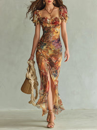 Vestido Maxi em Chiffon com Estampa de Óleo para Férias Boémias Laranja