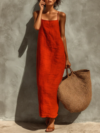 Vestido Maxi de Lino Sintético Rojo con Tirantes
