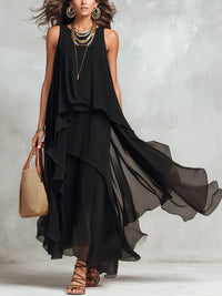 Vestido Maxi sin Mangas de Gasa Negro con Cuello Redondo en Capas