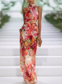 Vestido Maxi Sin Mangas de Gasa Rojo con Escote Halter