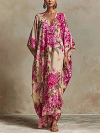 Vestido Maxi Caftan com Mangas Morcego e Decote em V Floral Art Resort