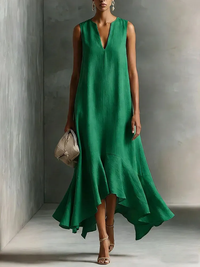 Vestido Maxi Verde Sem Mangas em Imitação de Algodão e Linho com Decote em V