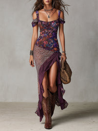 Vestido Maxi com Estampa Floral Leopardo Roxa e Abertura Alta