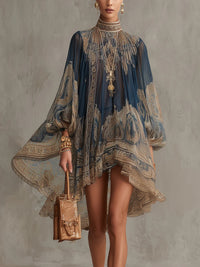 Vestido Mini em Chiffon Assimétrico com Estampa Barroca Azul-Marinho e Gola Alta