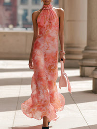 Vestido Maxi em Chiffon com Estampa Floral Rosa