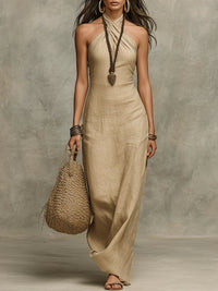 Vestido Maxi de Gola Halter em Linho Falso com Drapeado Suave