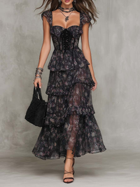 Vestido Maxi de Gasa con Volantes y Corsé Floral Gótico