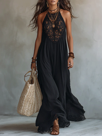 Vestido Maxi Sem Mangas em Renda Preta Boémia