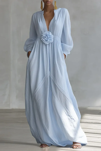 Vestido Maxi Floral Tridimensional Azul con Escote en V Profundo