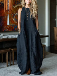Vestido Maxi Balloon sem mangas em linho sintético preto