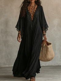 Vestido Maxi em Chiffon Preto com Decote em V e Mangas Morcego