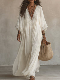 Vestido Maxi em Chiffon Branco com Decote em V e Mangas de Morcego