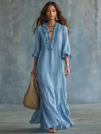 Vestido Maxi con Volantes Bohemio Azul Cielo Suave