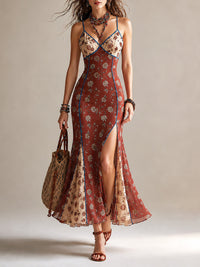 Vestido Maxi de Gasa con Estampado Floral Rojo Óxido, Abertura Alta y Tirantes Finos