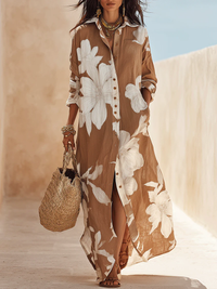 Vestido Maxi Camisa com Estampa Floral Branco e Castanho