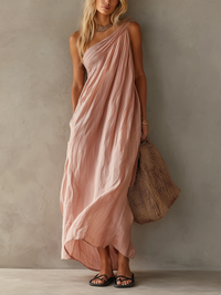 Vestido Maxi Elegante Rosa Sem Mangas de Um Ombro
