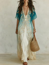 Vestido Maxi Fluido em Caftano Estampado Gradient Gold