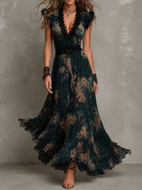 Vestido maxi em chiffon vintage verde-escuro com renda floral