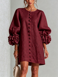 Vestido Mini Botão-down Floral Bordô Com Mangas Florais Extravagantes