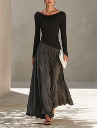 Vestido Maxi Plissado com Gola Drapeada em Patchwork Preto e Cinzento