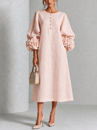 Vestido Midi Botões Floral Rosa Com Punhos Florais Extravagantes