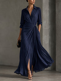 Elegante Vestido Camisero Maxi Azul Marino Anudado
