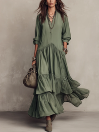 Vestido Maxi Boho Verde Oliva con Escote en V y Volantes en Capas