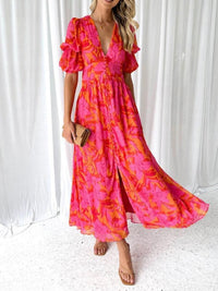 Elegante Vestido Midi em V com Flores