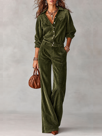 Savina | Conjunto de Camisa e Calças de Veludo Cotelê com Detalhes em Renda, Verde-Oliva