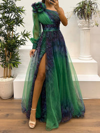 Vestido Maxi de Rede com Estampado Abstrato e Ombros Descobertos