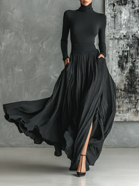Rachele | Conjunto preto com saia plissada e malha de mangas longas