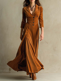 Vestido largo de terciopelo elegante retro marrón con cuello