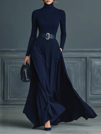 Traje de punto azul oscuro con cuello alto (sin cinturón)