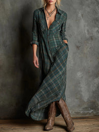 Vestido Comprido de Camisa aos Quadrados Verde com Peitilho Simples