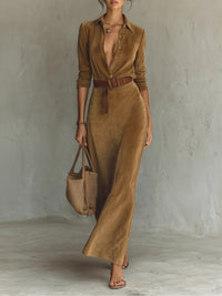 Vestido maxi de ante con solapas y botón único