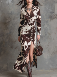 Vestido Maxi Camisa Estampa de Vaca Vintage