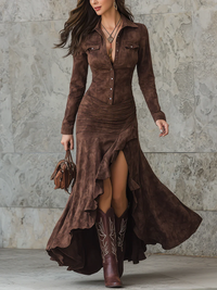 Vestido comprido castanho retro com folhos irregulares