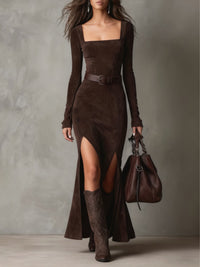 Elegante vestido largo de antelina marrón oscuro con escote cuadrado (cinturón incluido)