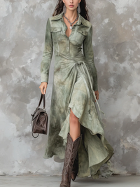 Vestido Maxi Justo com Bolsos Tie-Dye Verde Salva Vintage