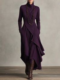 Vestido Maxi Plissado Assimétrico Roxo com Gola Alta (Colar não incluído)